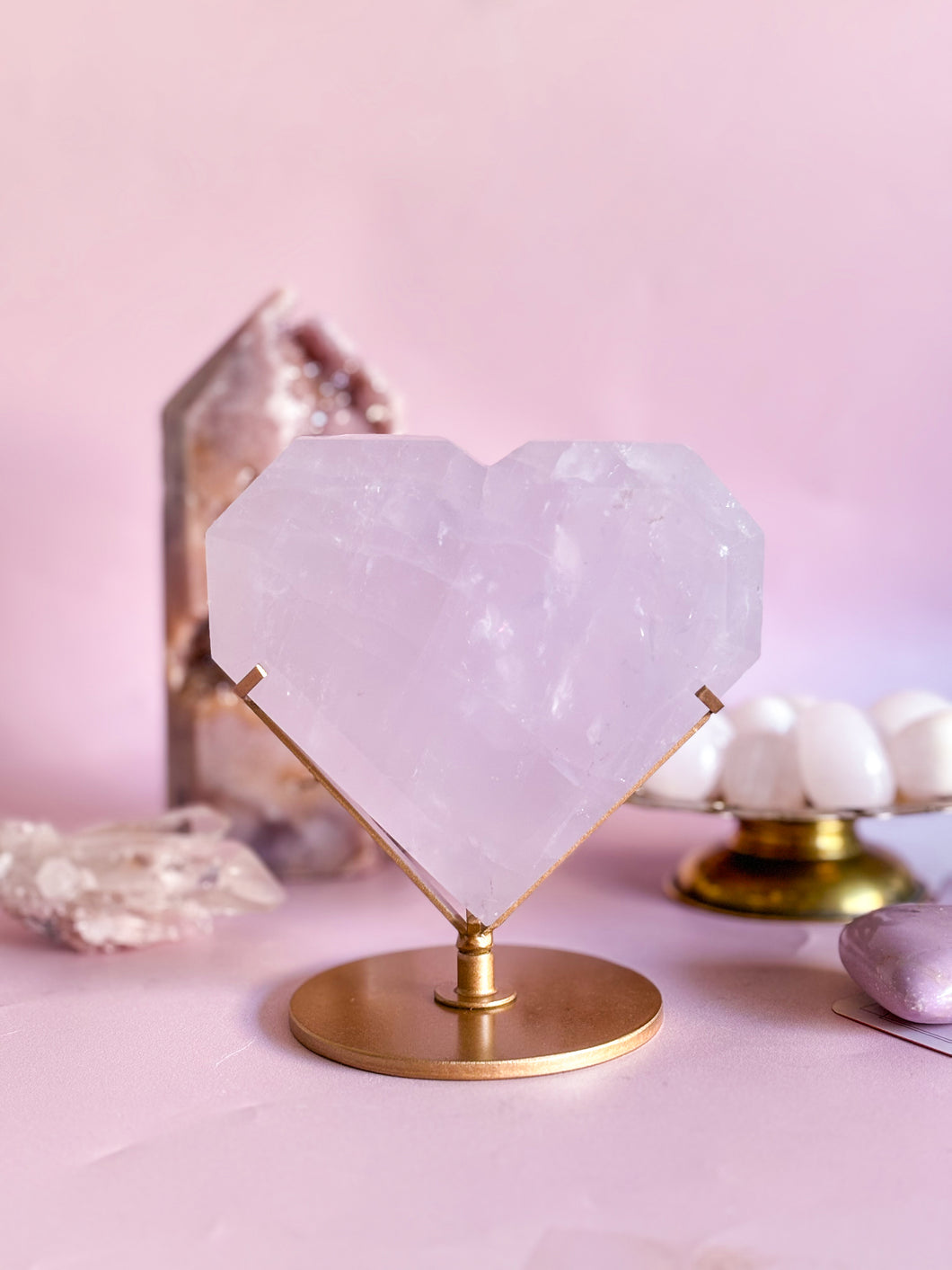 Periwinkle Rose Quartz Heart on Golden Stand 002