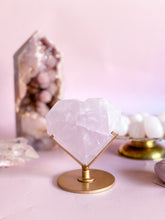 Load image into Gallery viewer, Periwinkle Rose Quartz Heart on Golden Stand 001
